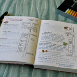 An open journal with handwritten notes and sketches lies on a light green fabric surface. The journal features a detailed exploration of Honolulu’s Chinatown, including maps, shop descriptions, and personal reflections. A black fountain pen is placed beside the journal, and a box of colorful pens or markers is partially visible in the background. The journal pages are neatly organized with headings, bullet points, and small illustrations, creating an engaging and visually appealing layout.