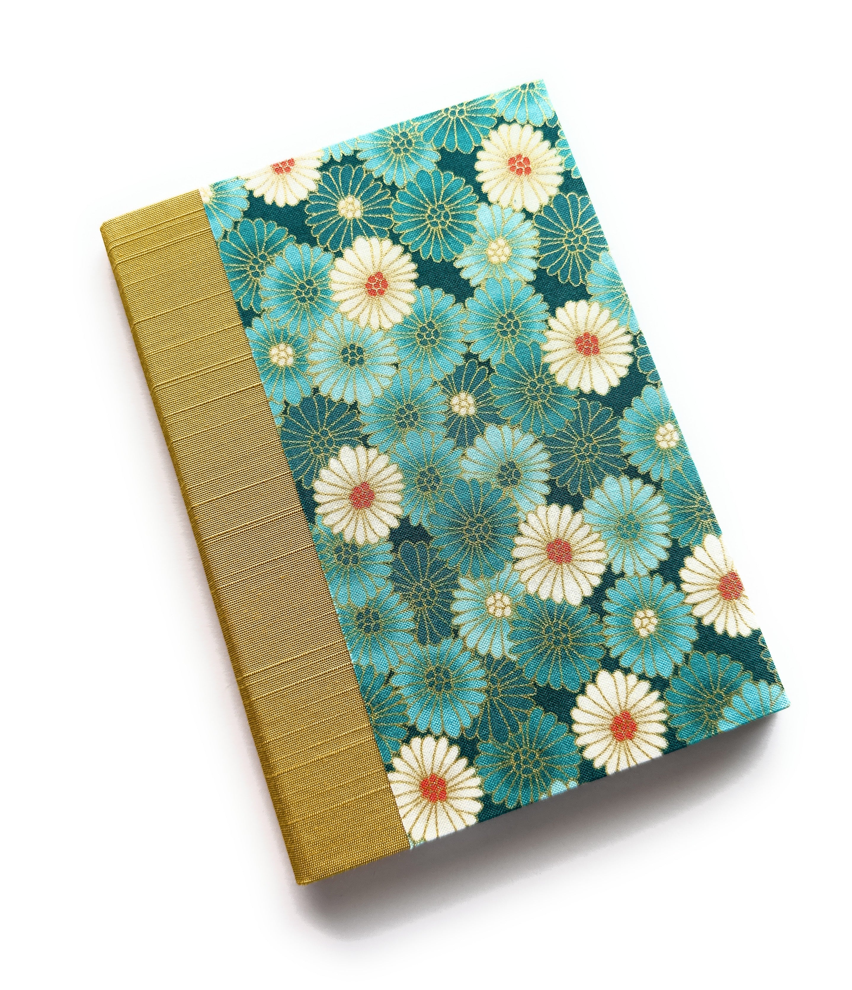 A handcrafted keepsake card featuring a vibrant chrysanthemum (kiku) floral design in shades of teal, cream, and gold. This Japanese-inspired fabric-covered booklet is perfect for heartfelt messages, well-wishes, or as a unique gift.