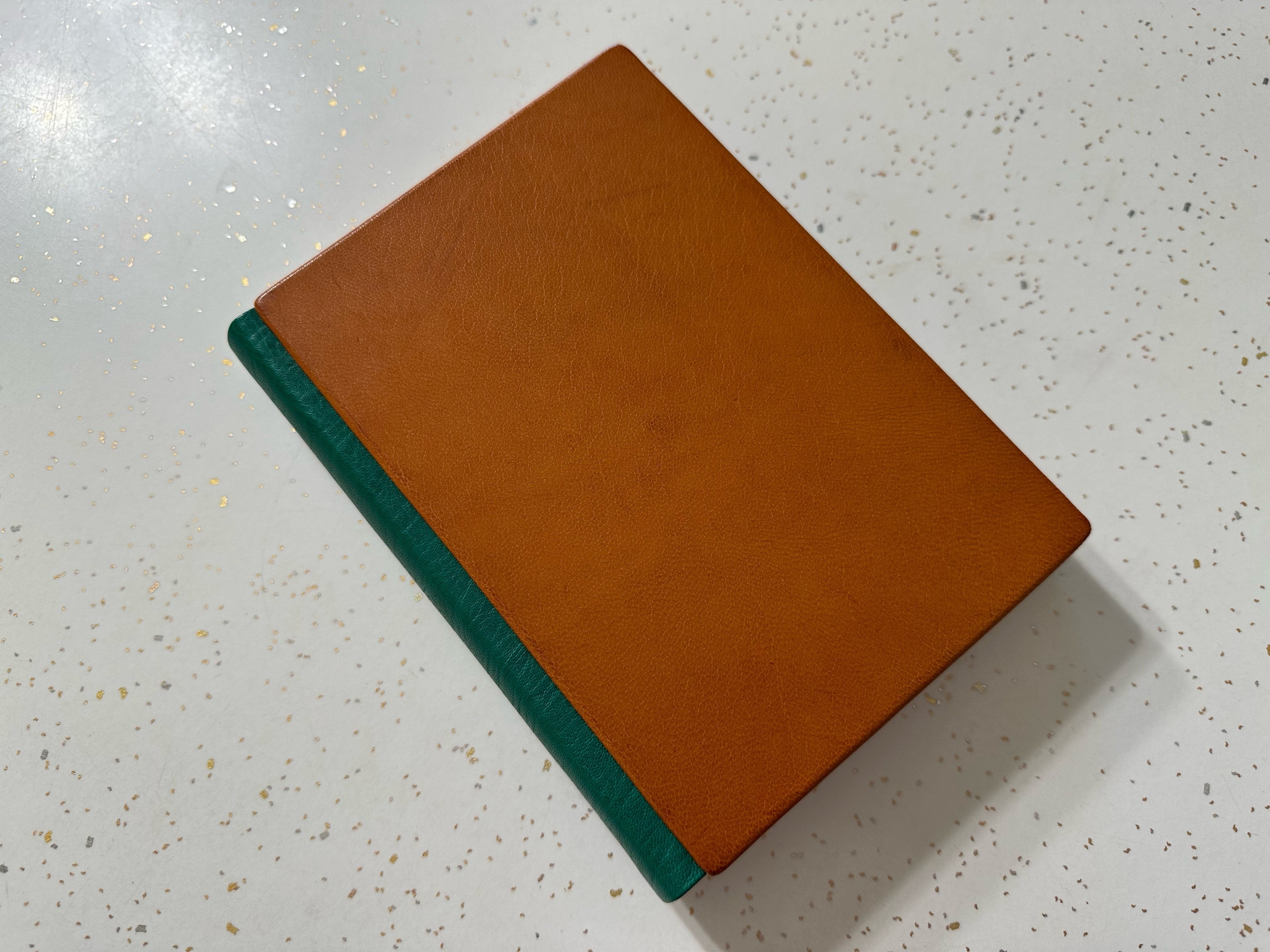 Brown leather journal with green leather spine on a speckled surface