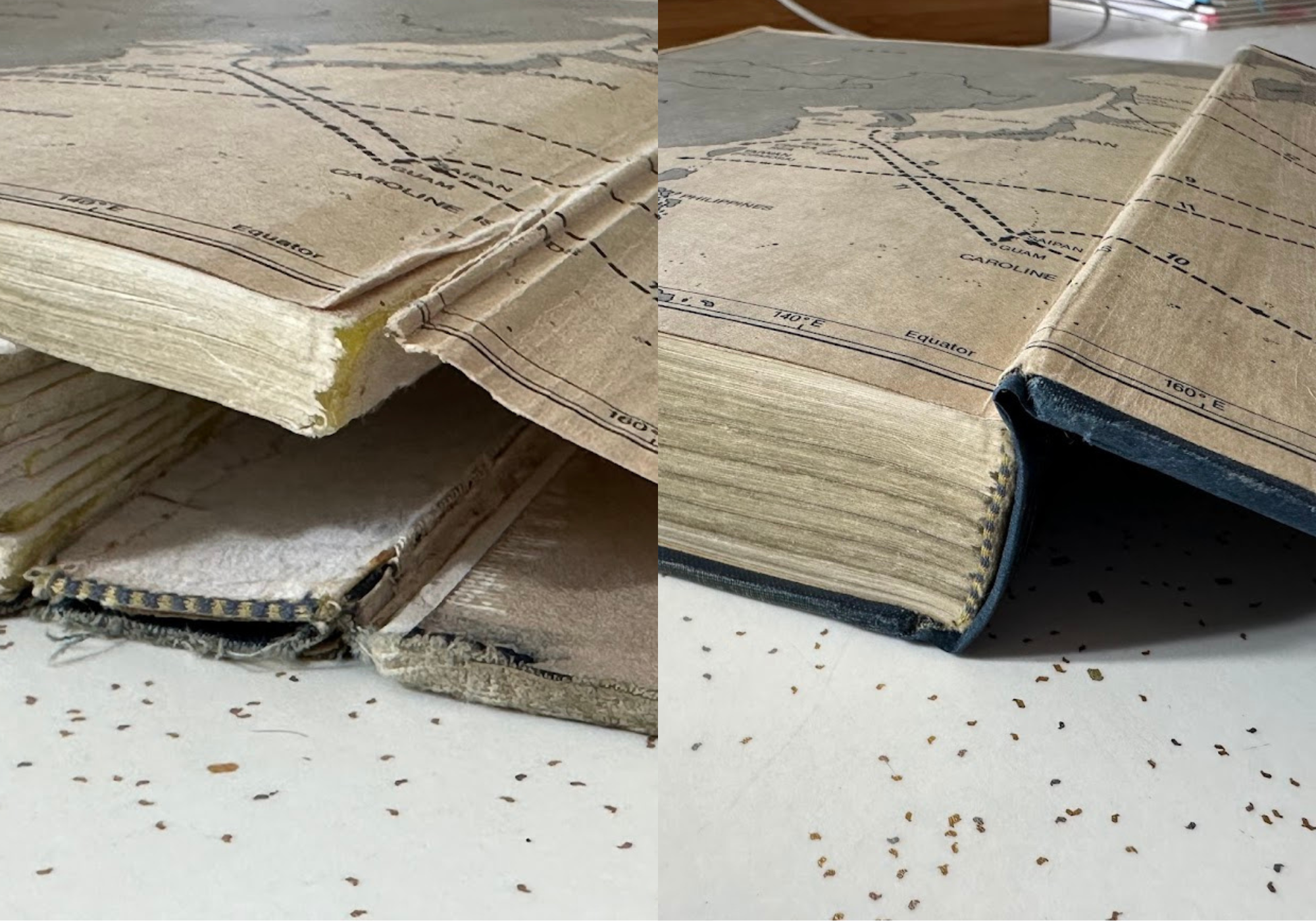 A dramatic before-and-after transformation of an antique book’s damaged text block, showcasing expert book restoration techniques. The repair process includes spine reinforcement, text block stabilization, and meticulous rebinding to preserve the book’s integrity while maintaining its historical charm.