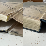 A dramatic before-and-after transformation of an antique book’s damaged text block, showcasing expert book restoration techniques. The repair process includes spine reinforcement, text block stabilization, and meticulous rebinding to preserve the book’s integrity while maintaining its historical charm.