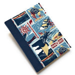 This handcrafted Hawaiian themed journal showcases a vibrant ocean-inspired fabric cover, featuring sea turtles, tropical fish, palm trees, and traditional Polynesian voyaging canoes. The durable bookbinding cloth spine provides added strength, while the interior blank pages offer a versatile space for writing, sketching, or note-taking. Ideal for lovers of Hawaiian stationery, ocean-themed gifts, and handmade notebooks, this island-style journal makes a perfect keepsake or travel companion.
