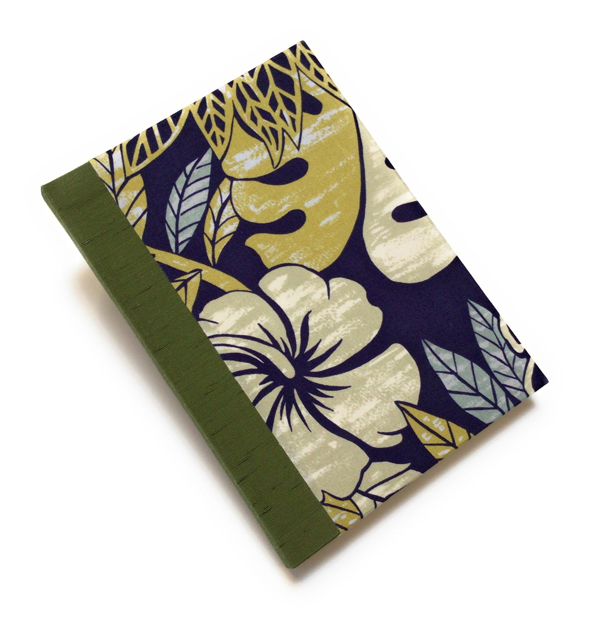 Tropical flowers and leaves in yellow green, blue gray, green gray on dark blue background covers. Moss green Japanese bookcloth spine. 200 pages, both sides. 5 x 7.