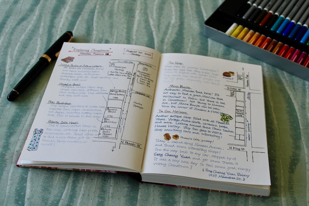 an example of journaling in blank journal with pen and colored pencils