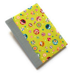 This handmade journal features a lively Japanese-inspired fabric cover adorned with lucky Daruma dolls, playful cat illustrations, and vibrant temari balls on a striking green background. The durable blue gray spine adds contrast, making it a perfect notebook for journaling, sketching, or note-taking. Designed for cat lovers and fans of Japanese aesthetics, this unique handcrafted journal is a stylish and functional keepsake.